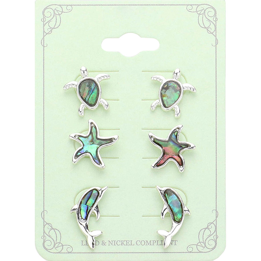 3PAIRS - Abalone Sea Turtle Starfish Dolphin Stud Earrings Set