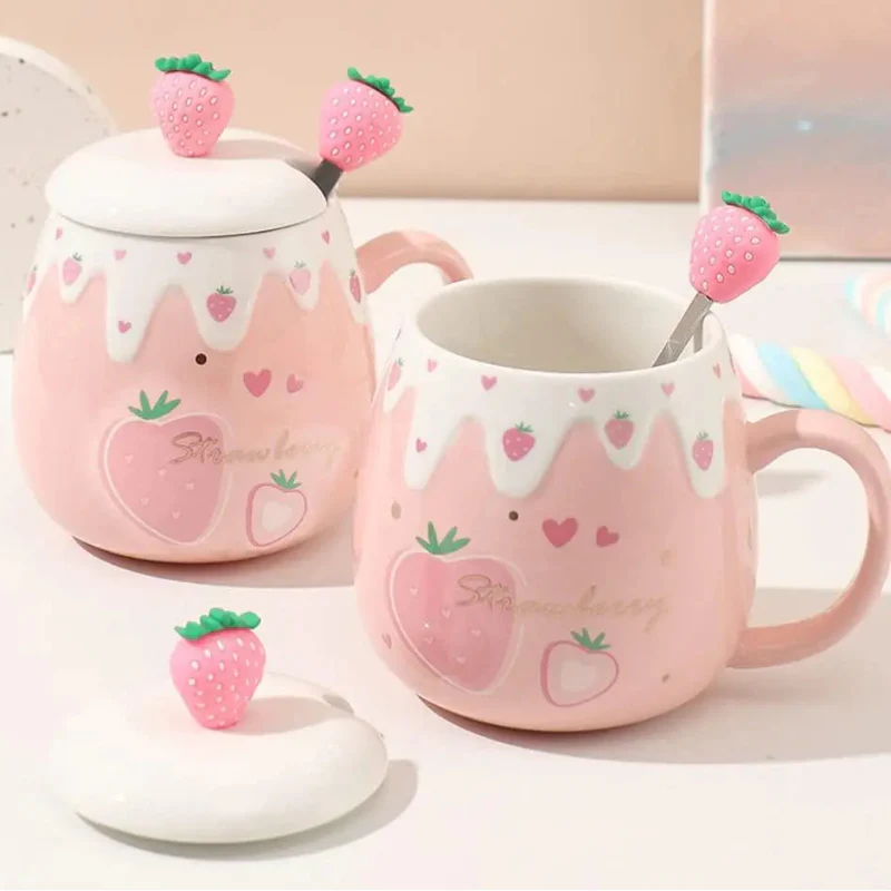 Pink Strawberry Mug With Lid & Spoon