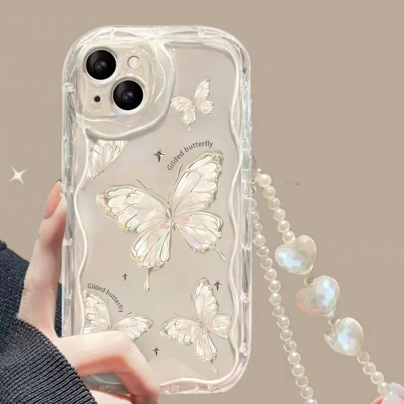 Wave With Wrist Strap Lanyard Rainbow Butterfly Phone Case
