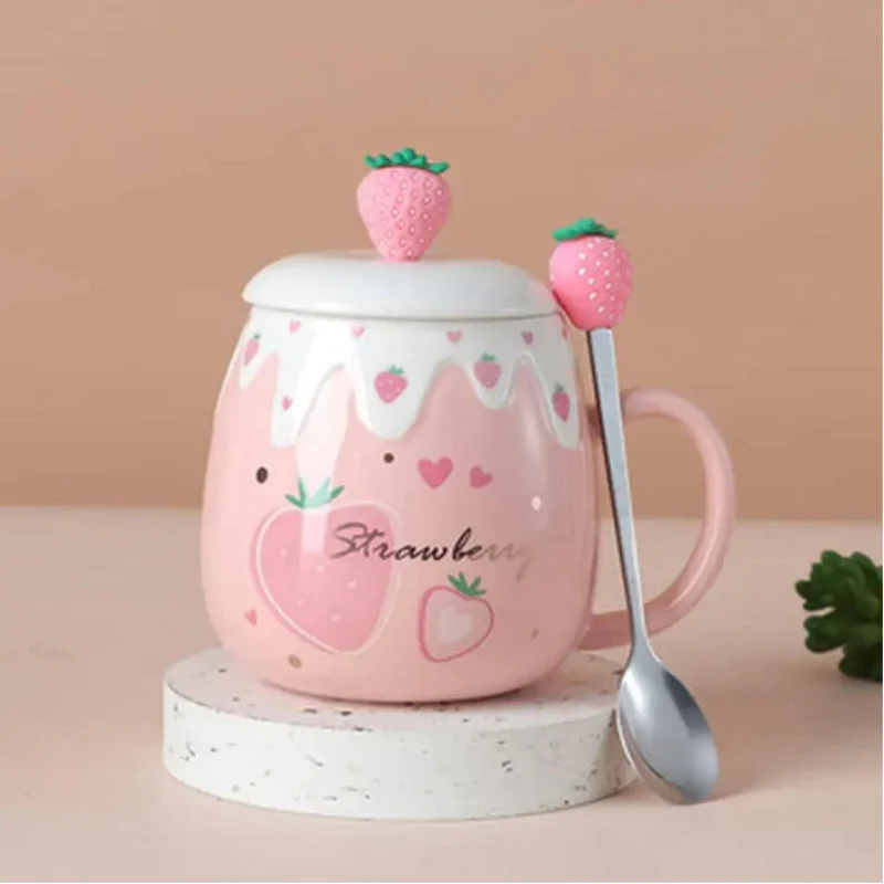 Pink Strawberry Mug With Lid & Spoon