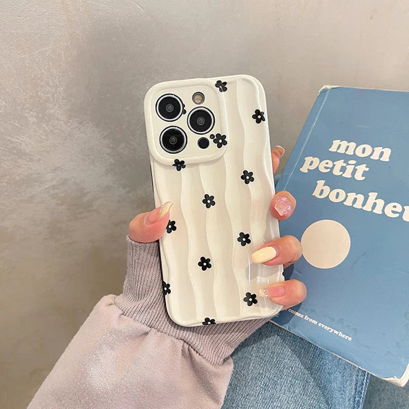 Black Flowers 3D Wave Pattern Phone Case