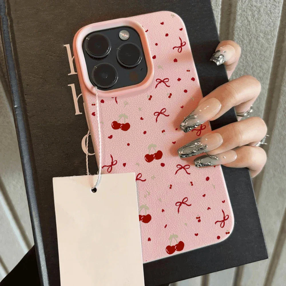 Cherry Leather Cute Heart Bow Cover Phone Case