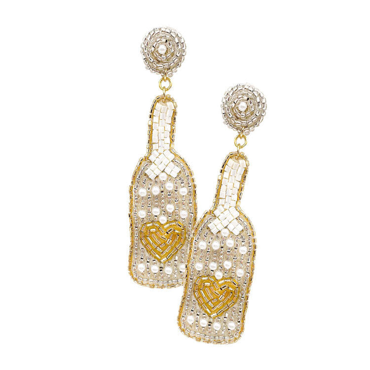 Beaded Heart Pointed Champagne Dangle Earrings
