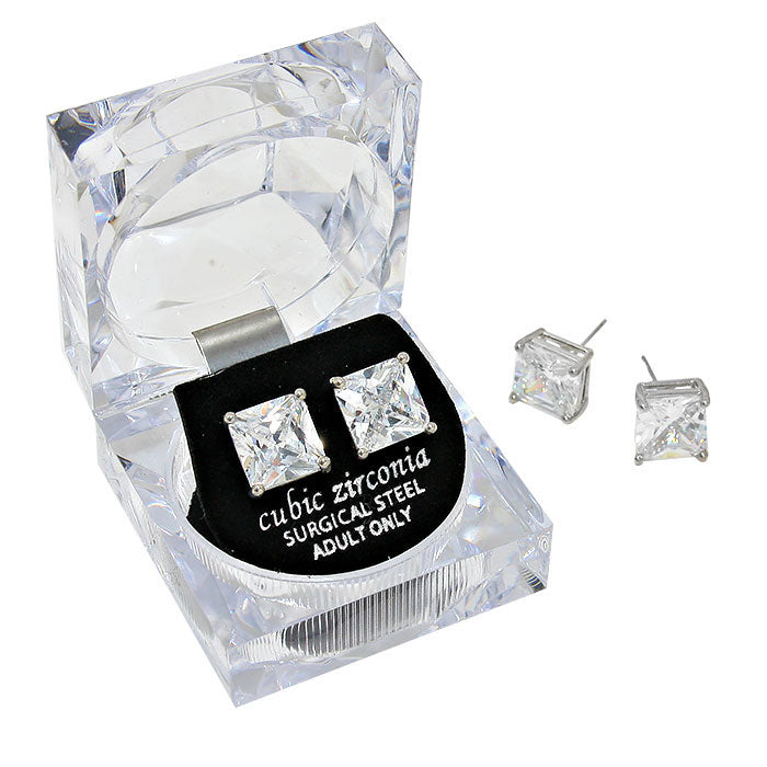 10mm Square Crystal Cubic Zirconia Stud Earrings in Clear Gift Box - Ready to Gift