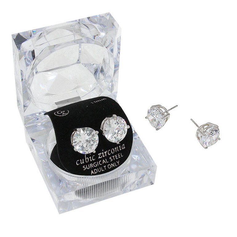 11mm Round Crystal Cubic Zirconia Stud Earrings in Clear Gift Box - Ready to Gift