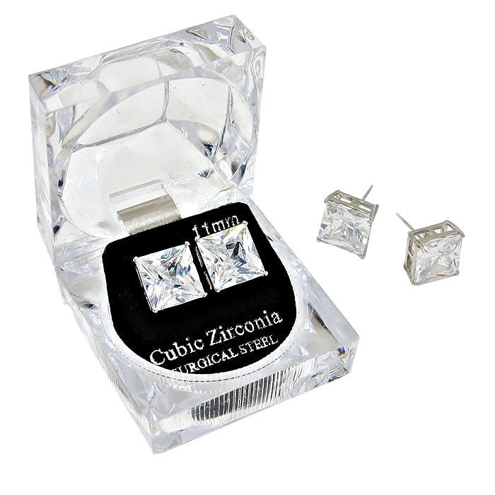 11mm Square Crystal Cubic Zirconia Stud Earrings in Clear Gift Box - Ready to Gift