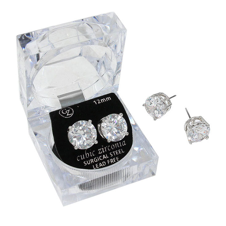 12mm Round Crystal Cubic Zirconia Stud Earrings in Clear Gift Box - Ready to Gift