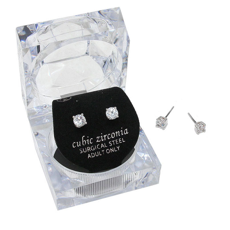 5mm Round Crystal Cubic Zirconia Stud Earrings in Clear Gift Box - Ready to Gift