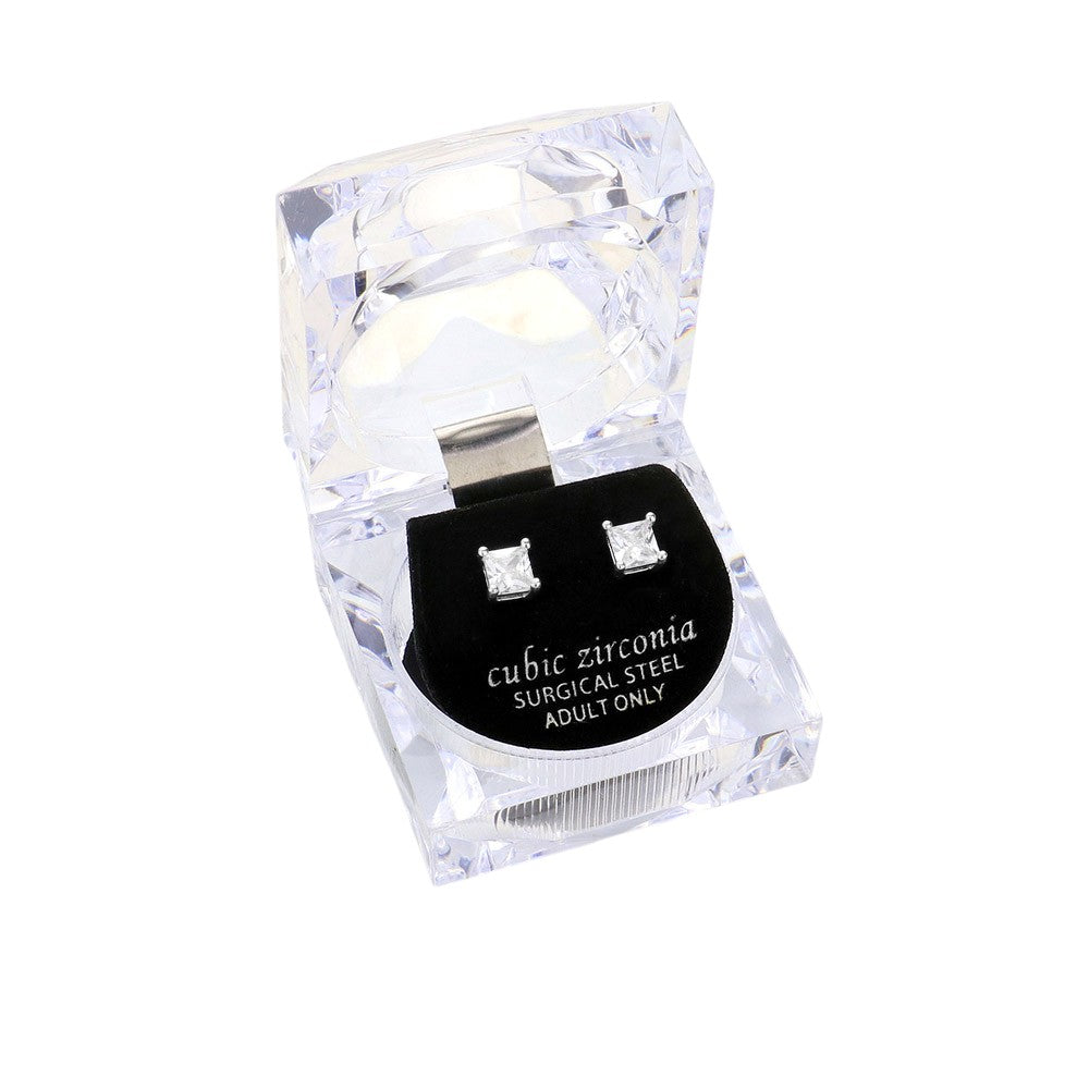5mm Square Crystal Cubic Zirconia Stud Earrings in Clear Gift Box - Ready to Gift