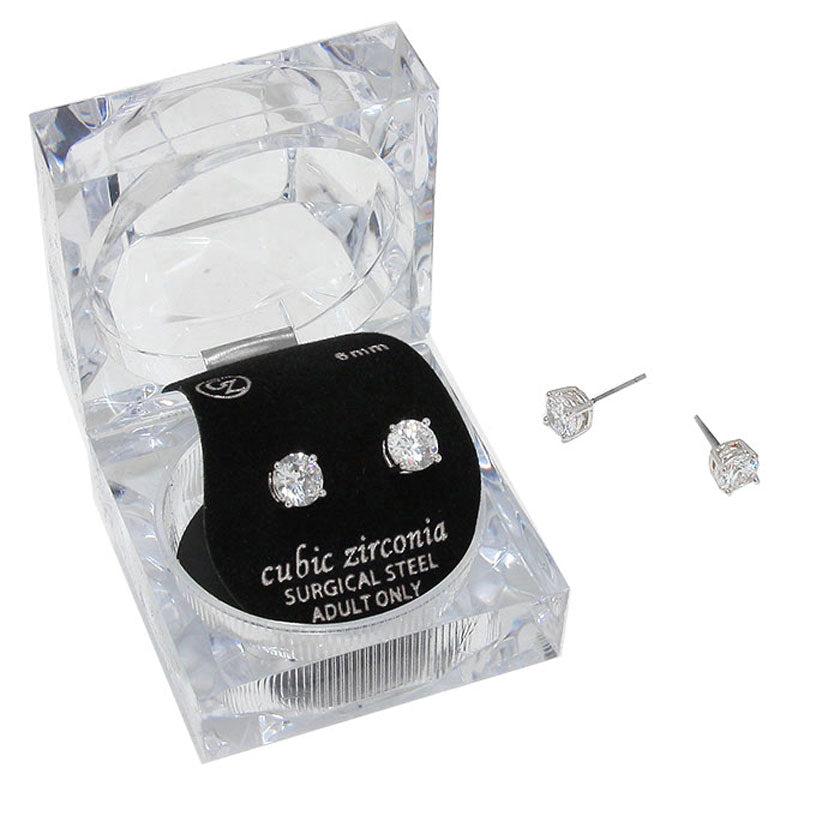 6mm Round Crystal Cubic Zirconia Stud Earrings in Clear Gift Box - Ready to Gift