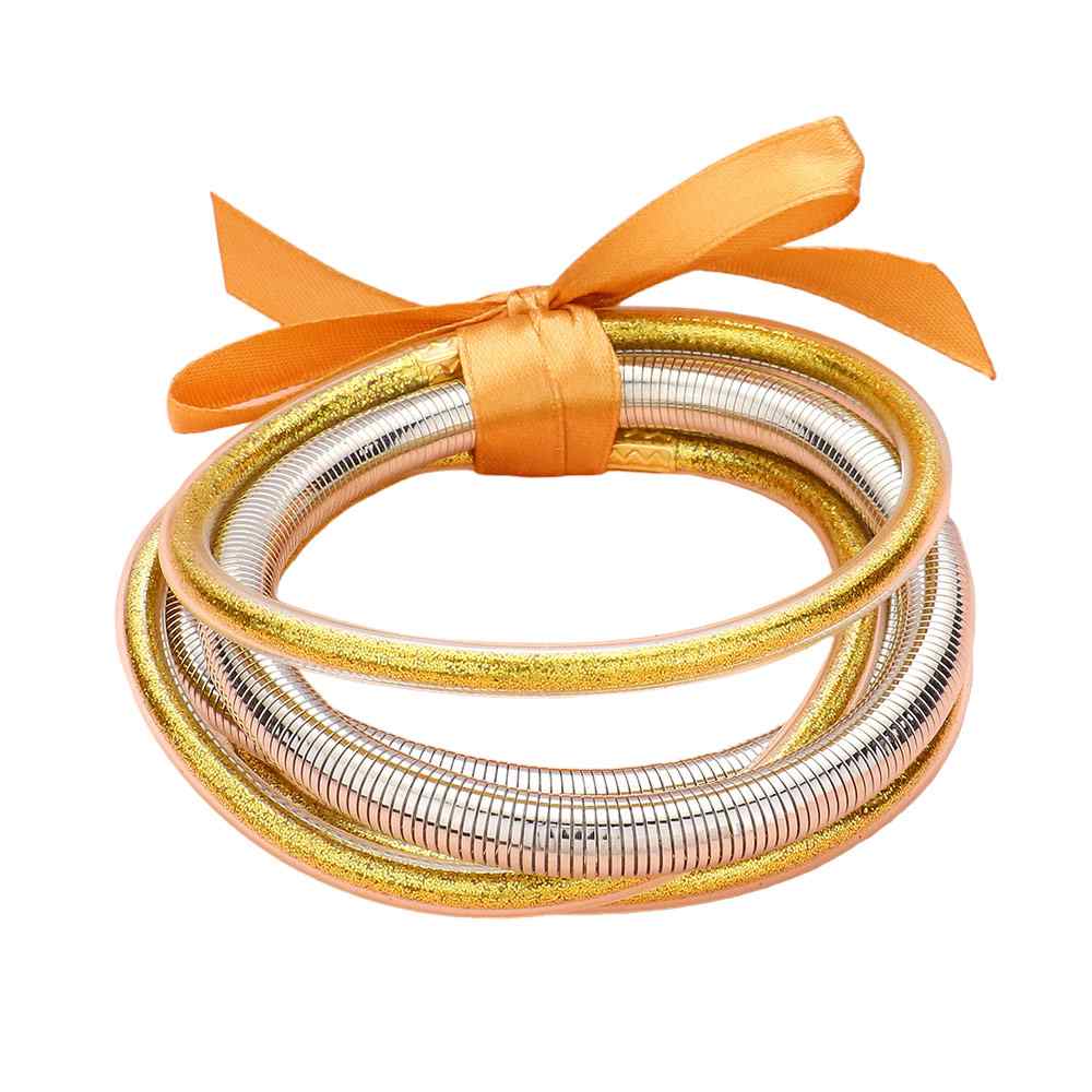 5PCS Glitter Jelly Tube Metal Elastic Layered Bracelets