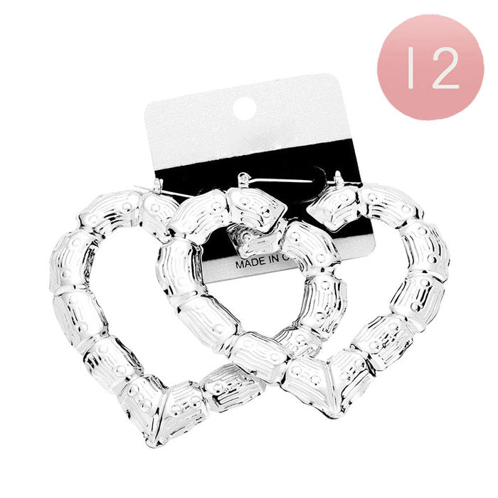 12Pairs- Medium Metal Bamboo Heart Pin Catch Earrings