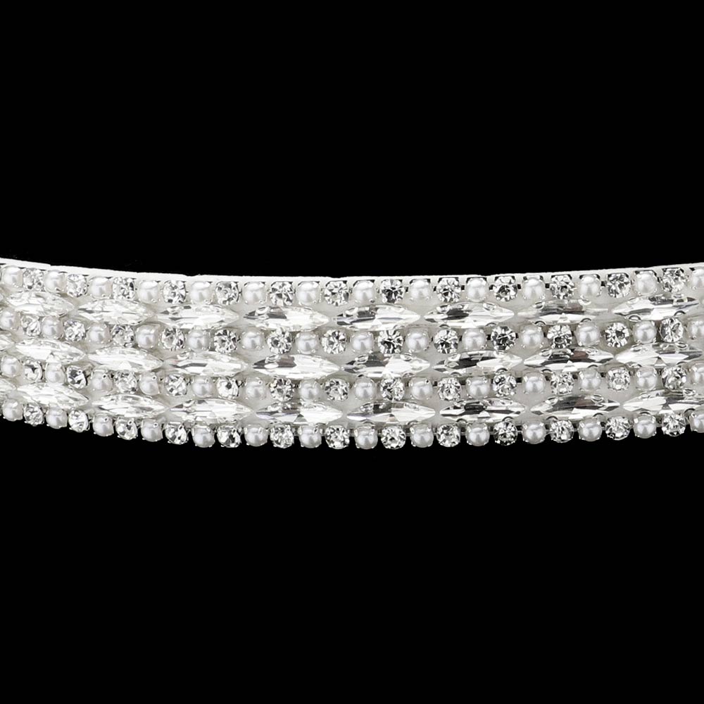 Pearl Round Stone Sash Ribbon Bridal Wedding Belt Headband