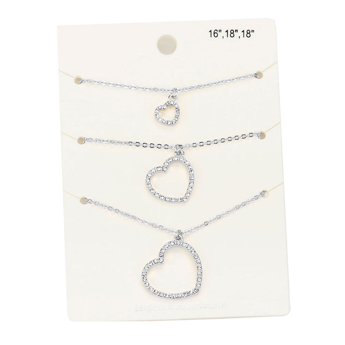 3PCS Rhinestone Embellished Open Heart Pendant Necklaces Jewelry Set