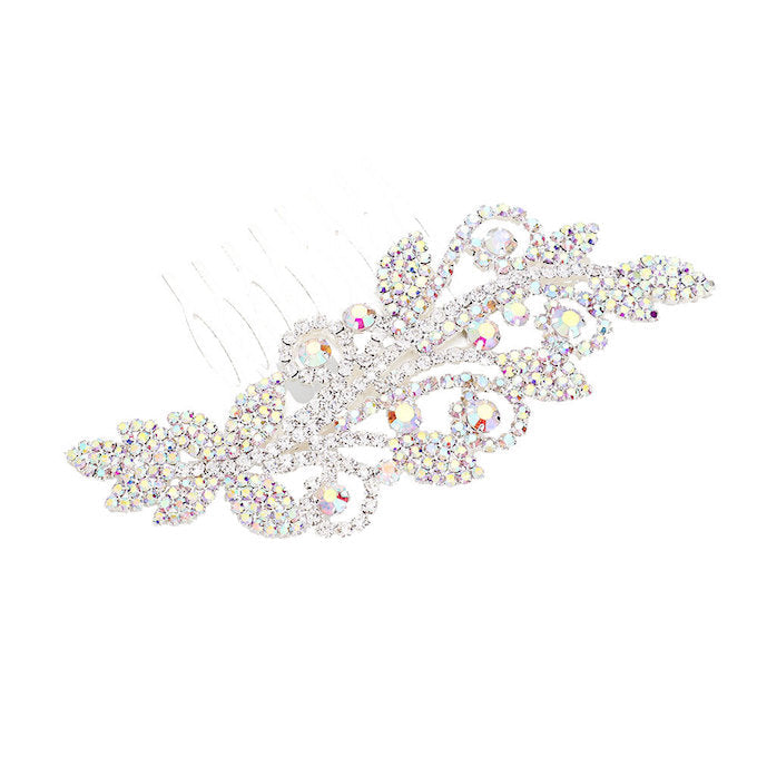 Rhinestone Pave Accent Sprout Crystal Leaf Detail Hair Comb
