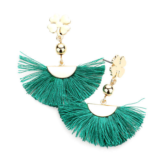 St. Patrick's Day Metal Clover Fan Tassel Dangle Earrings