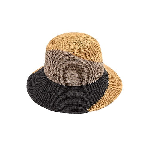 C.C Handmade Paper Crochet Cloche Summer Sun Hat Two-Tone Color Block Paper Hat Crochet Beach Hat