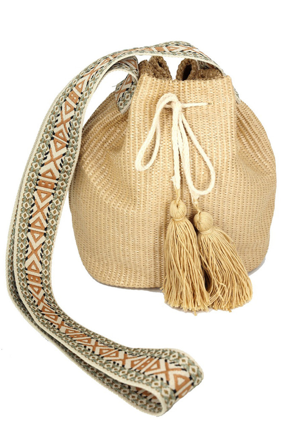 Aztec Pattern Strap Solid Bucket Bag