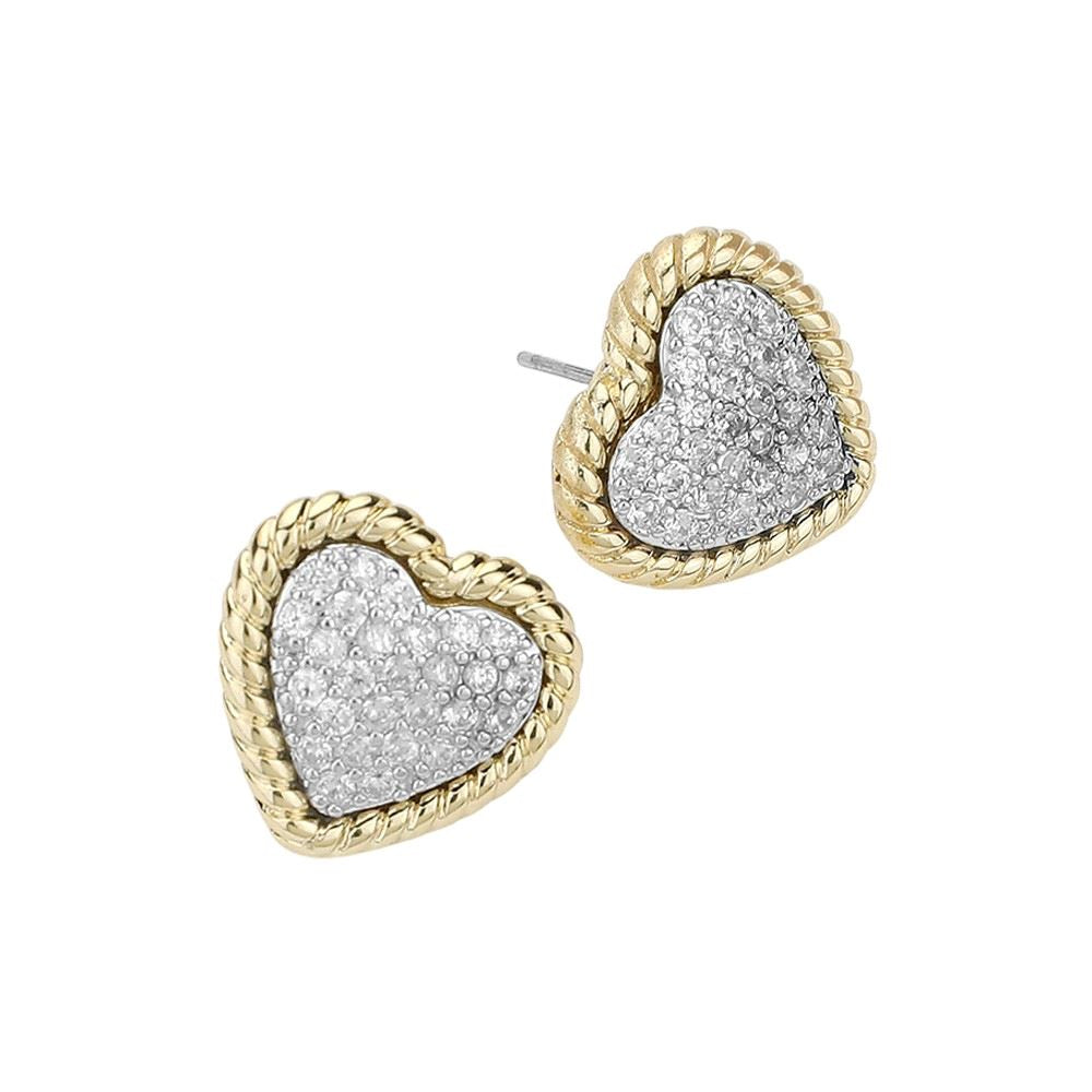 14K Gold Plated CZ Stone Heart Paved Stud Earrings