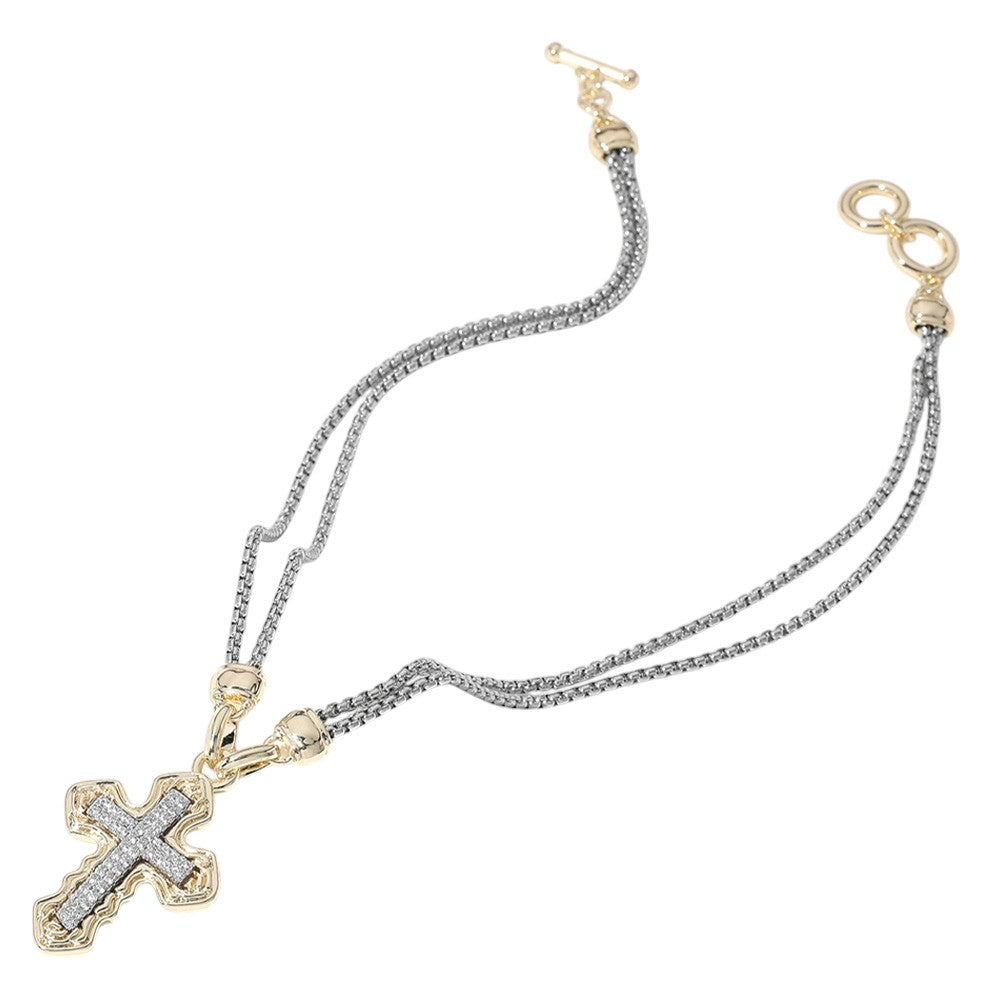 14K Gold Plated CZ Stone Paved Cross Pendant Double Chain Necklace
