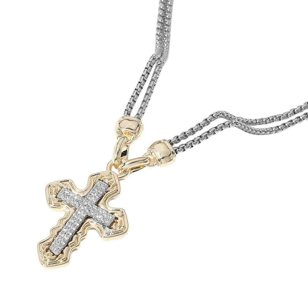 14K Gold Plated CZ Stone Paved Cross Pendant Double Chain Necklace