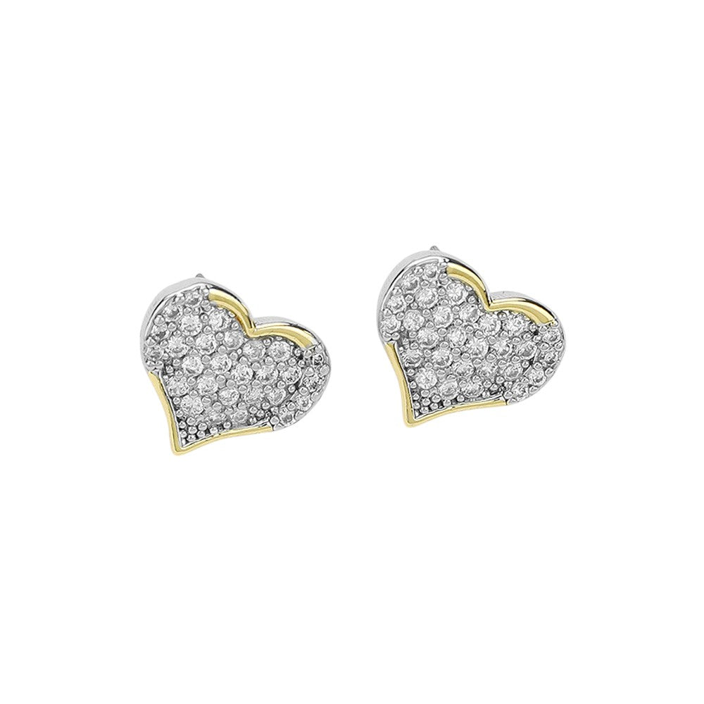 14K Gold Plated CZ Stone Paved Heart Stud Earrings