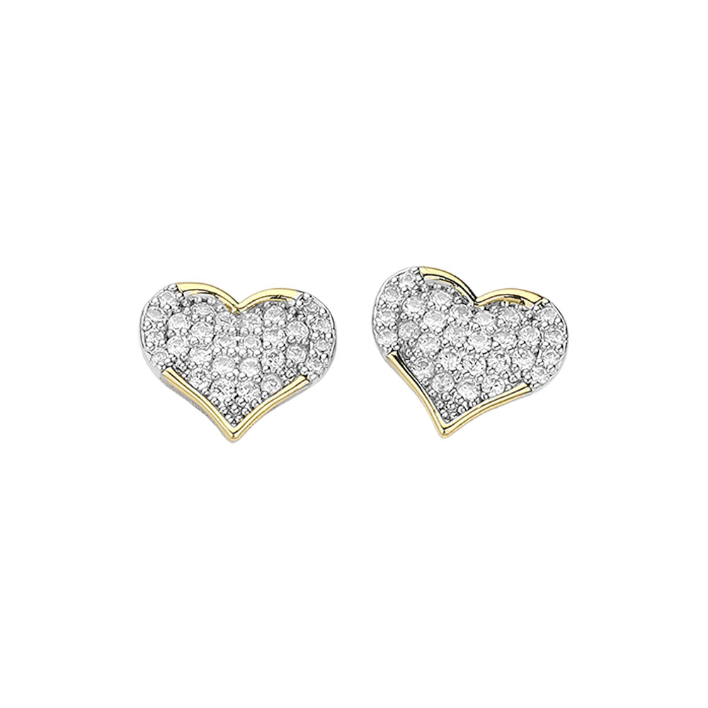 14K Gold Plated CZ Stone Paved Heart Stud Earrings
