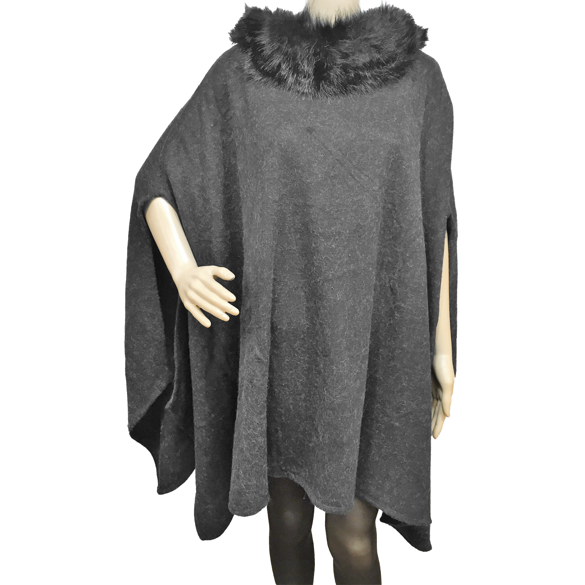 Faux Fur Collar Soft Knit Ruana Wrap