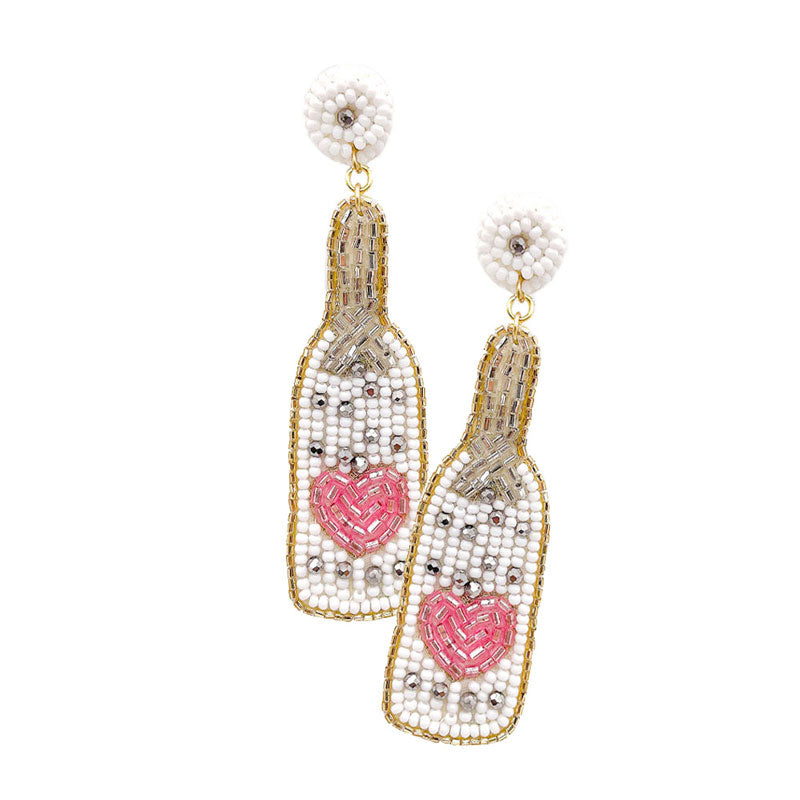 Beaded Heart Pointed Champagne Dangle Earrings