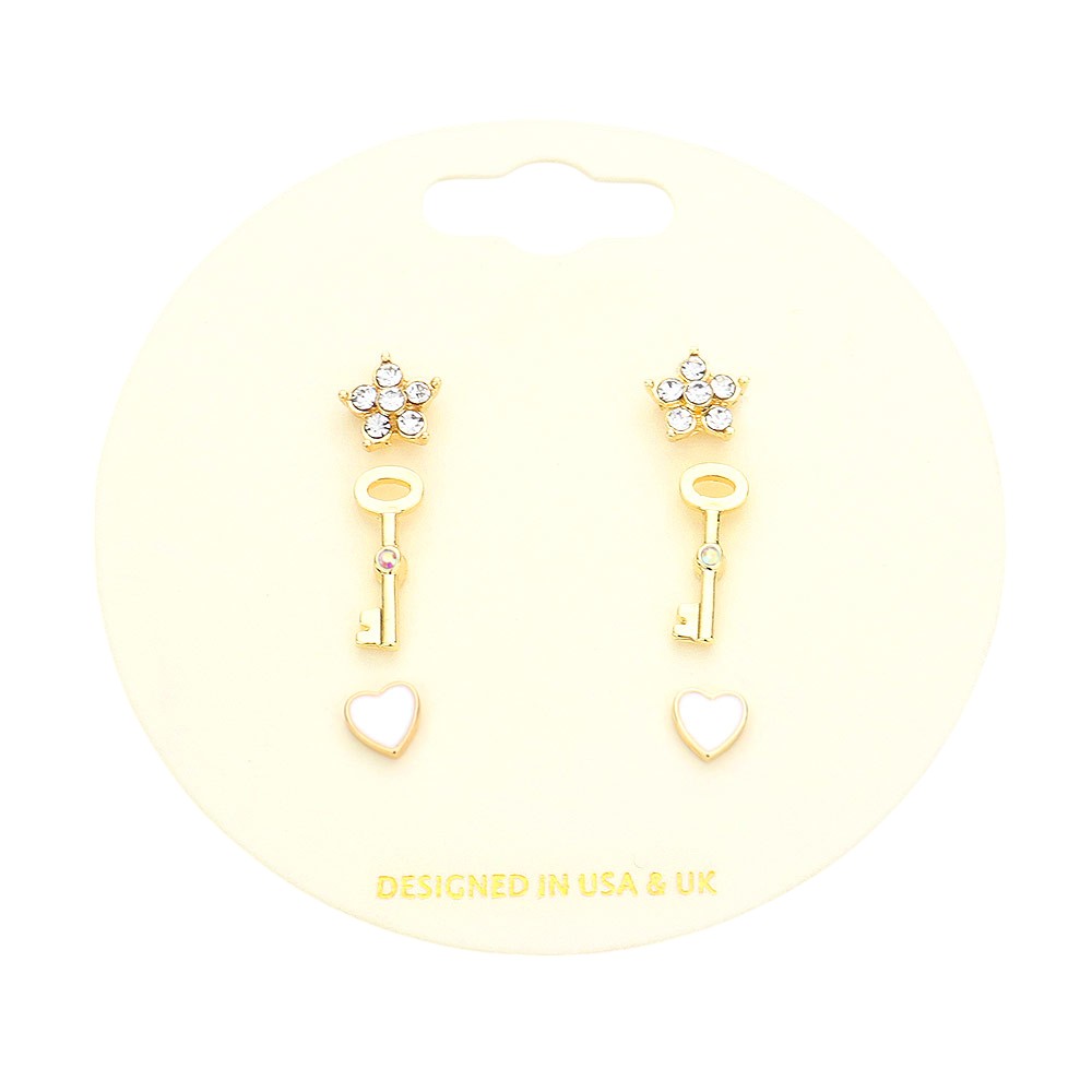3Pairs - Stone Embellished Star Key Enamel Heart Stud Earrings