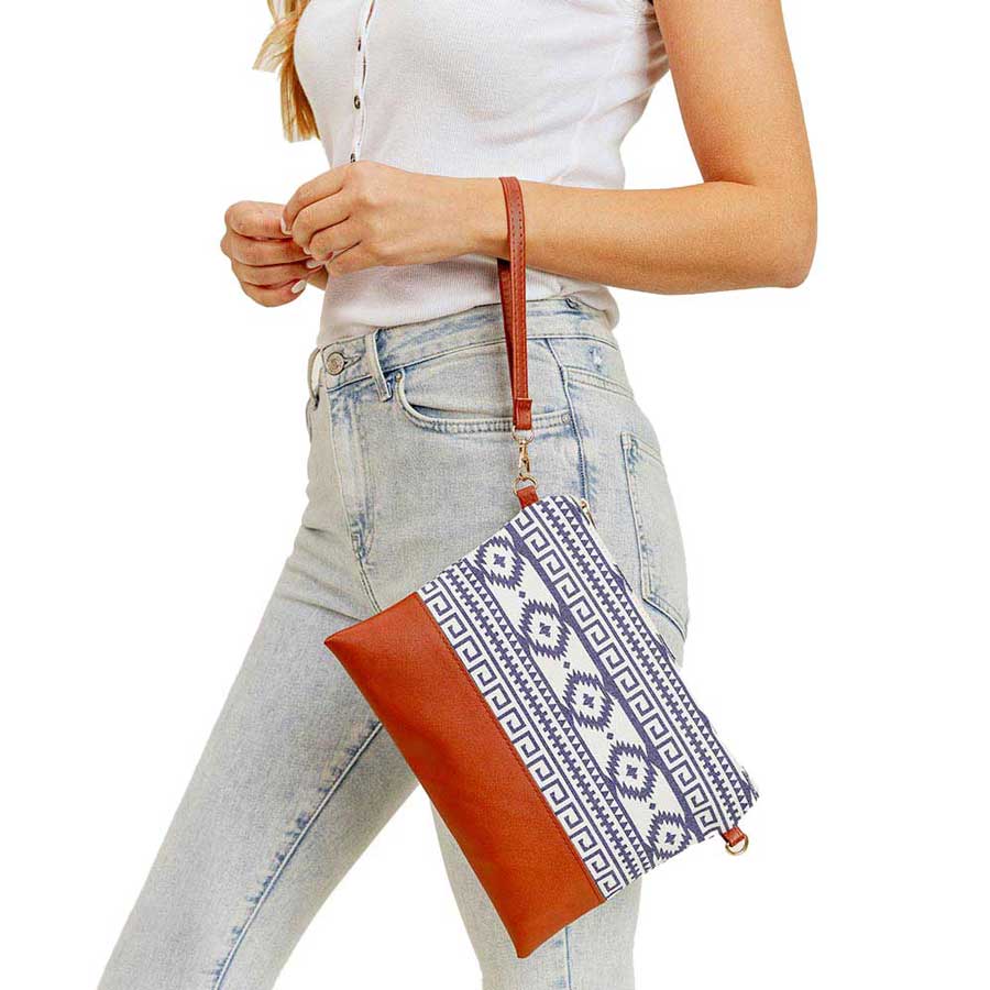 Aztec Patterned Wristlet Clutch Crossbody Bag