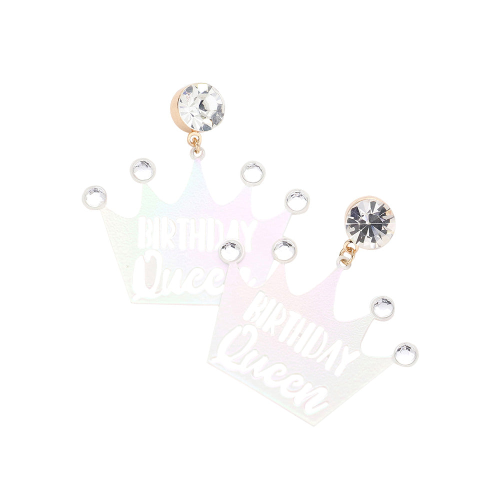 Birthday Queen Message Stone Metal Crown Earrings