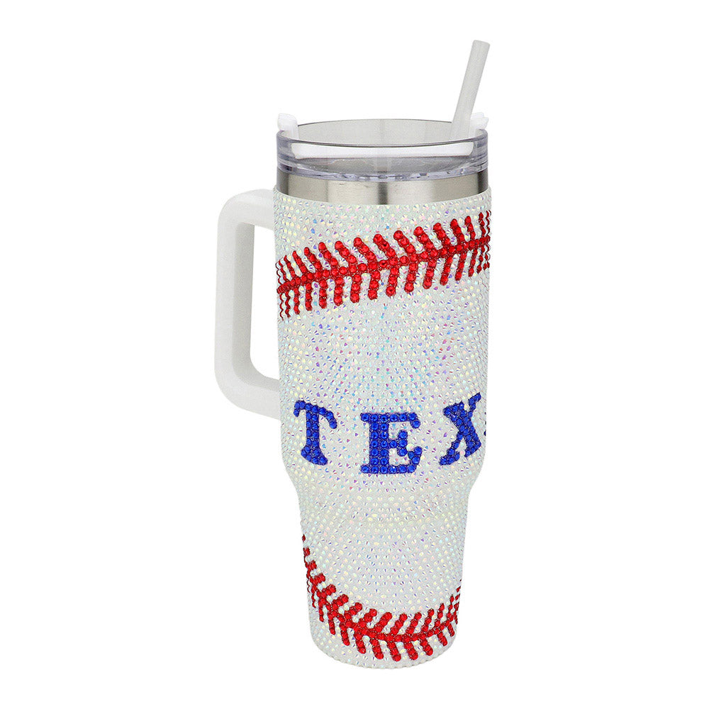 Bling Studded Texas Baseball 40oz Stainless Steel Tumbler With Handle