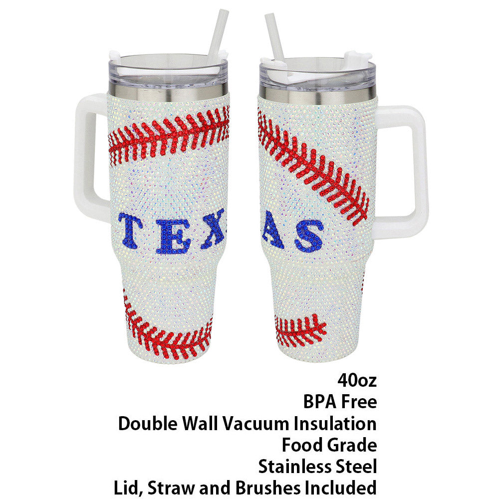 Bling Studded Texas Baseball 40oz Stainless Steel Tumbler With Handle
