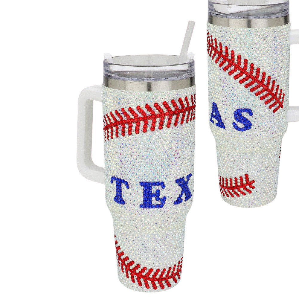 Bling Studded Texas Baseball 40oz Stainless Steel Tumbler With Handle