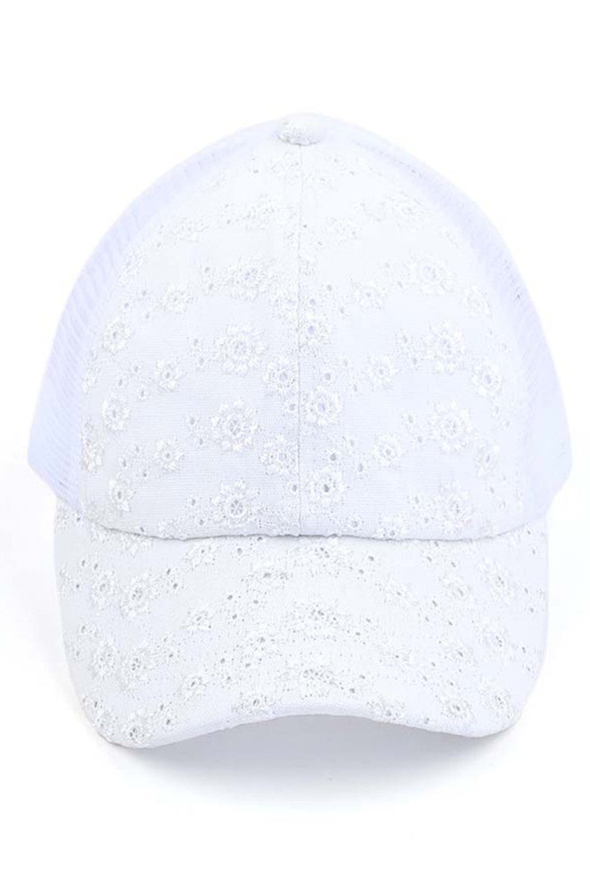 C.C FLOWER EMBROIDERY EYELET CRISS CROSS PONYCAP