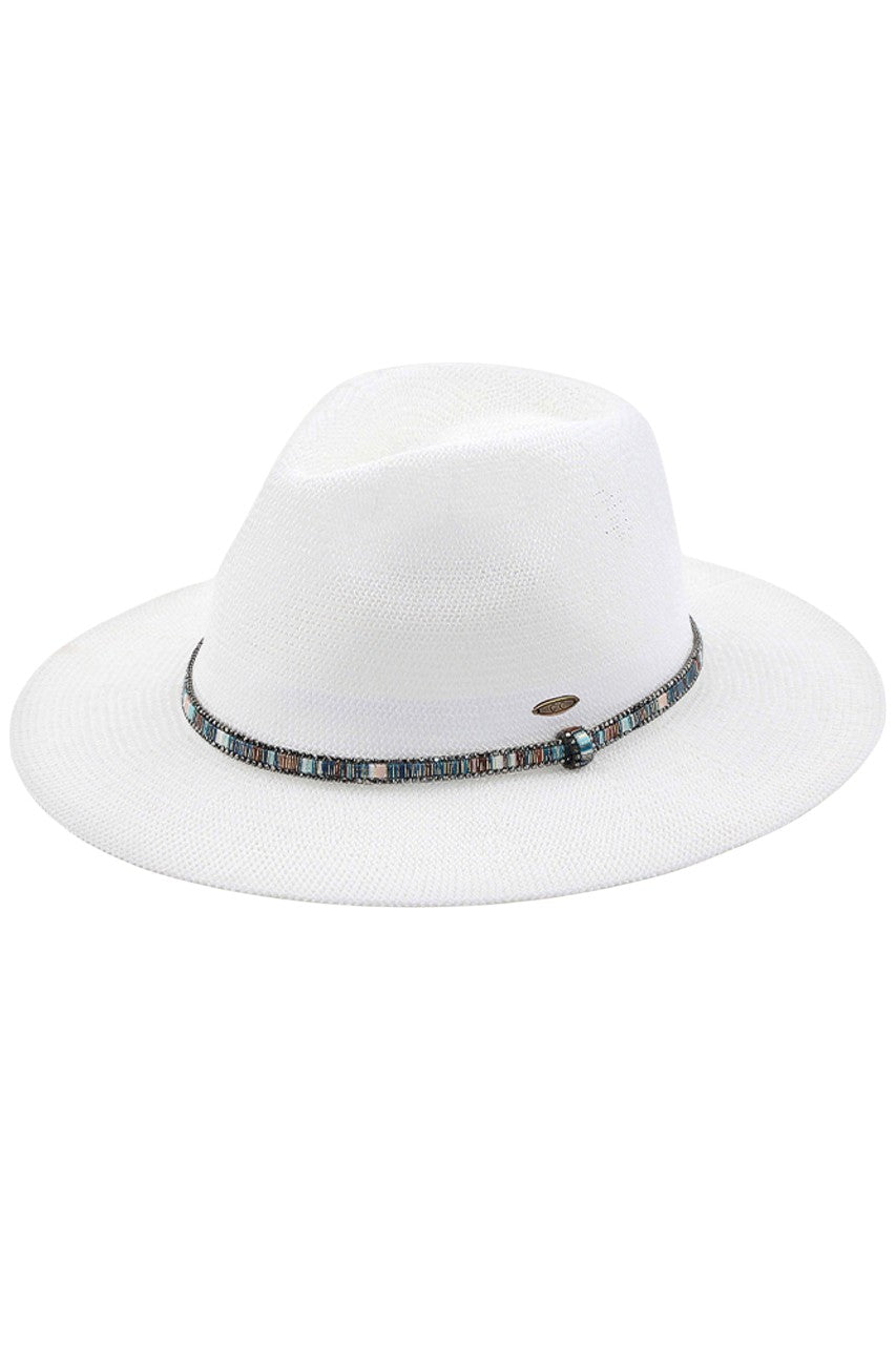 C.C MULTI THREAD RHINESTONE TRIM BAND PANAMA HAT