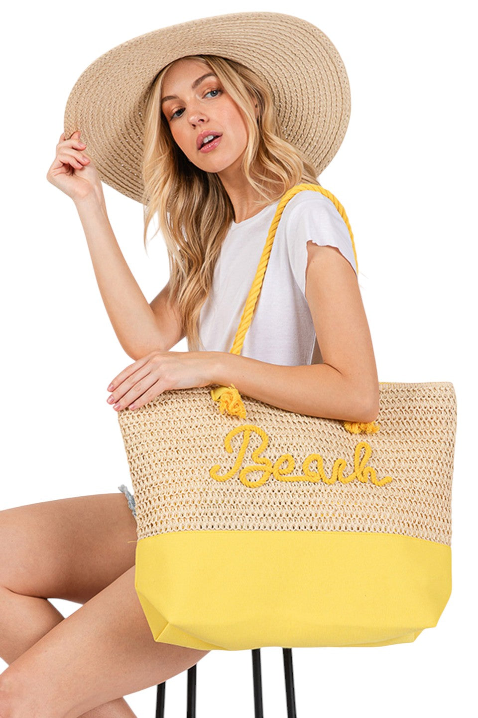 BEACH Letter Color Sewn Rope and Crochet Strap Bag