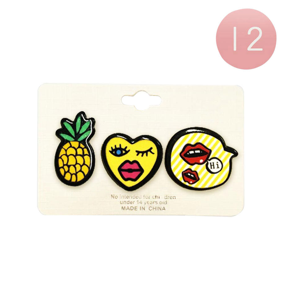 12 Set of 3 Pineapple Heart Lips Lapel Mini Pin Brooches