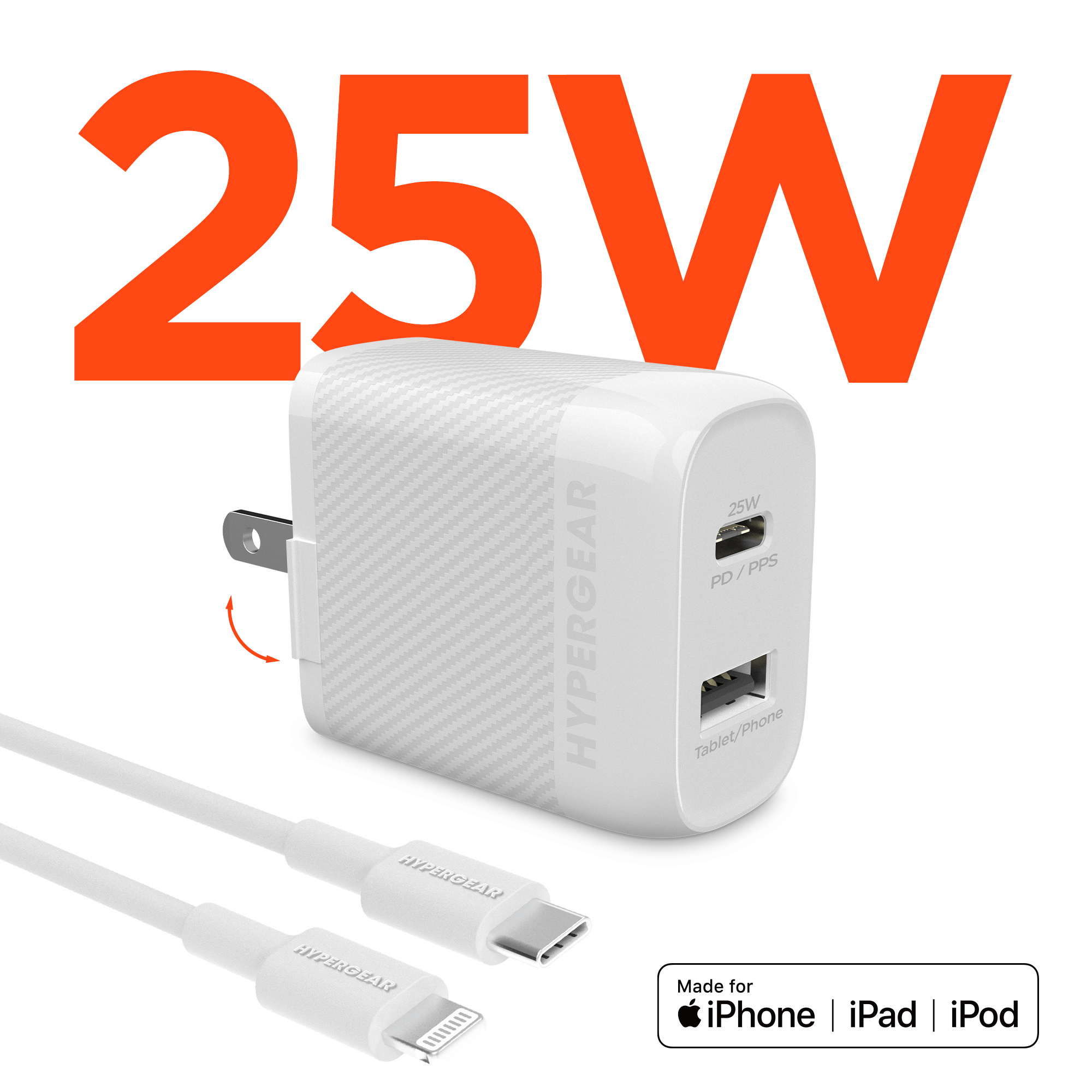 HyperGear SpeedBoost 25W USB-C PD + 12W USB Fast Wall Charger with PPS and 6ft MFi Lightning Cable