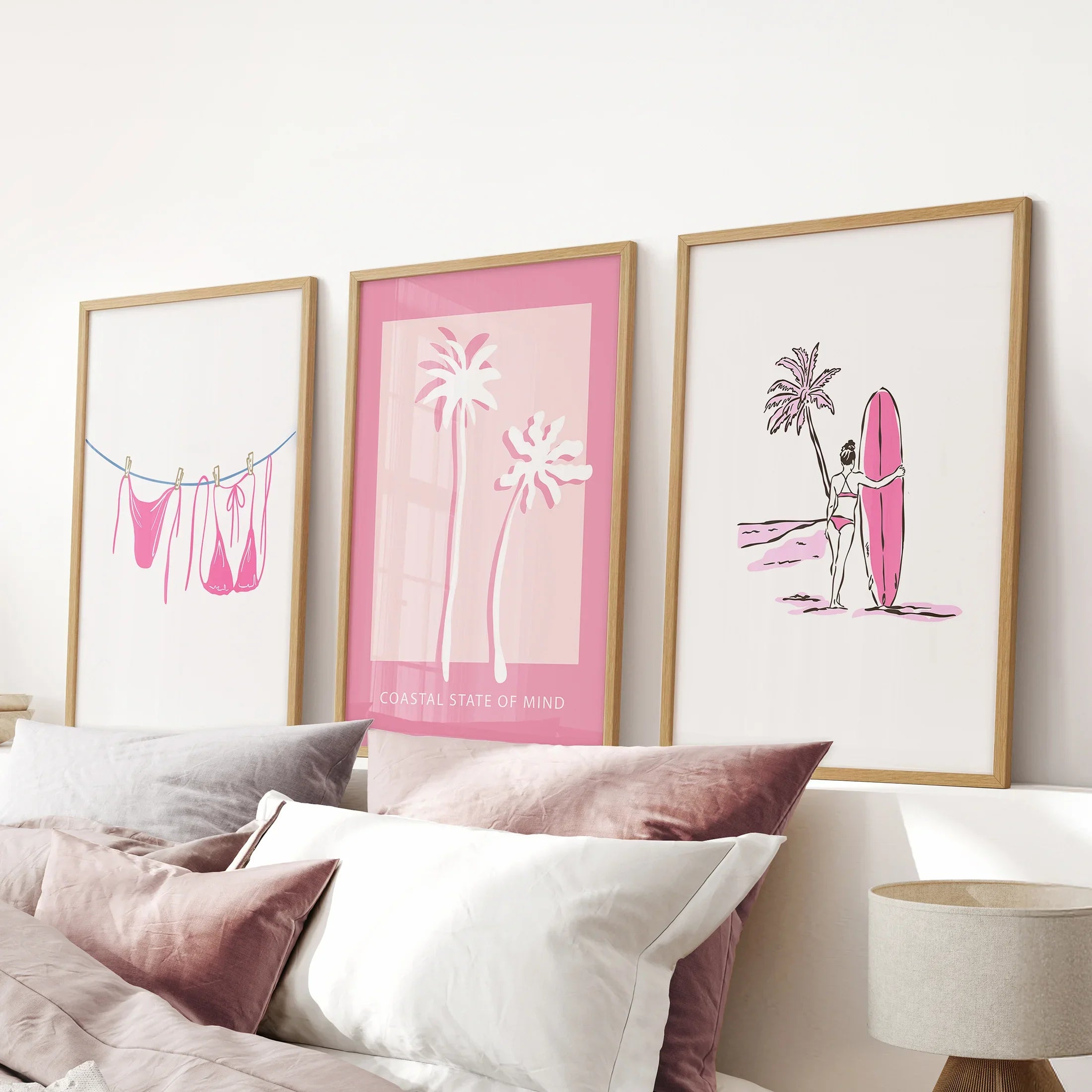 Beach House 3 Piece Girly Wall Art: Pink Palm, Surfer Prints