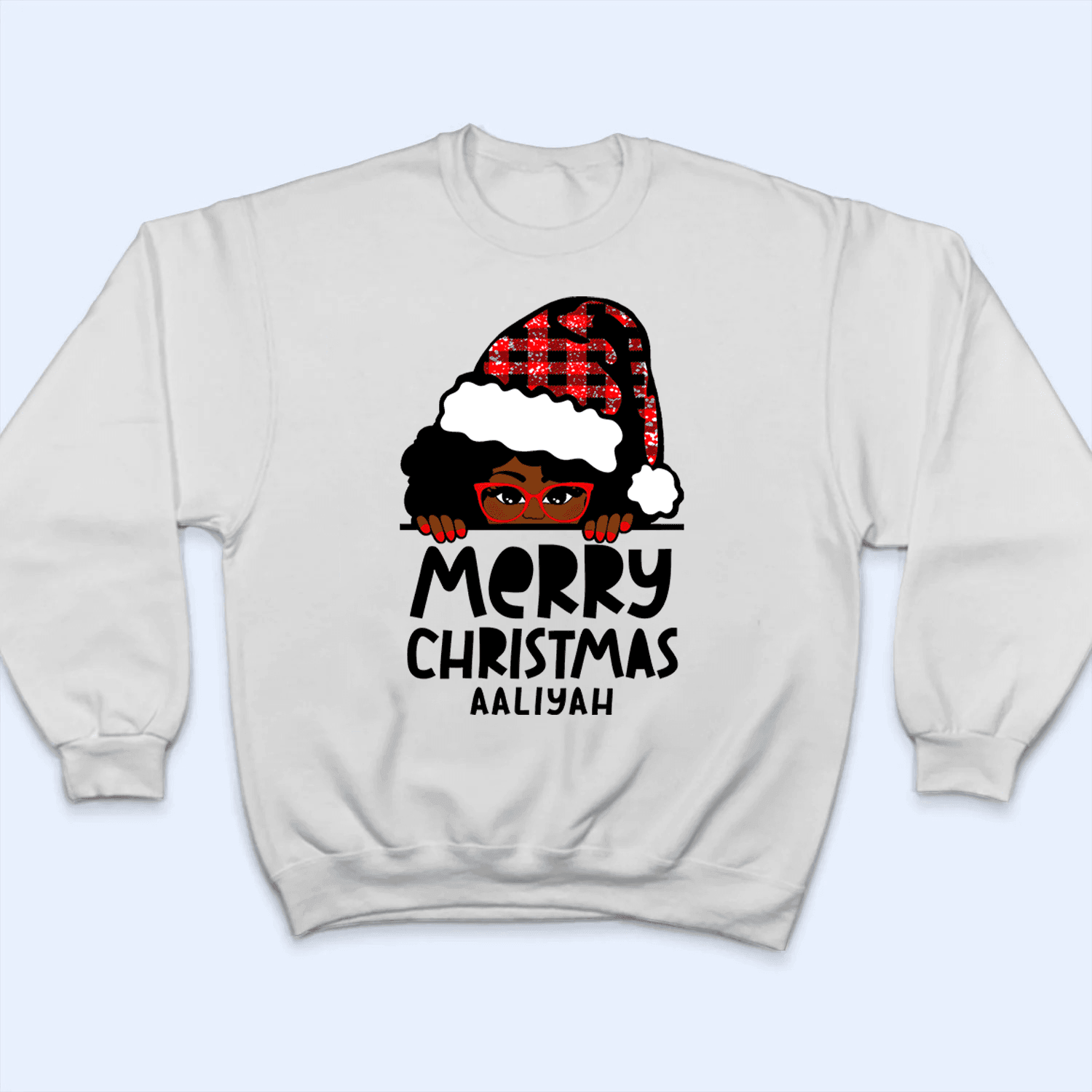 Afro Haired Girl with Glasses Merry Christmas - Personalized Design - Christmas Holiday Gift For African American, King, Queen, Girl, Men, Women
