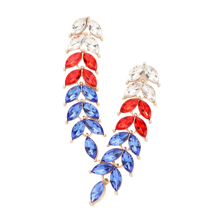 American USA Flag Marquise Stone Cluster Vine Link Earrings