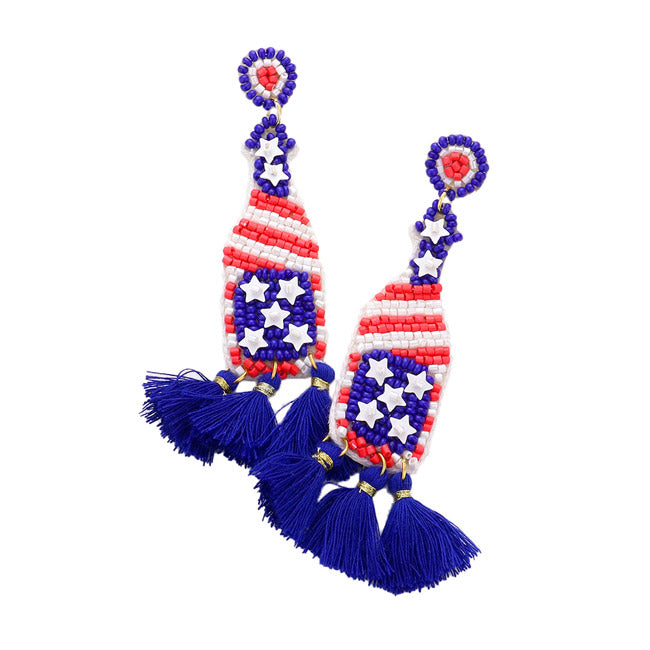 American USA Flag Seed Bead Champagne Triple Tassel Earrings