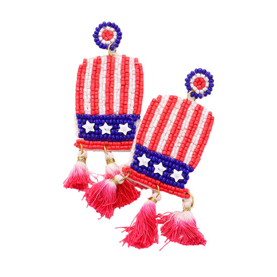 American USA Flag Seed Bead Hat Triple Ombre Tassel Earrings