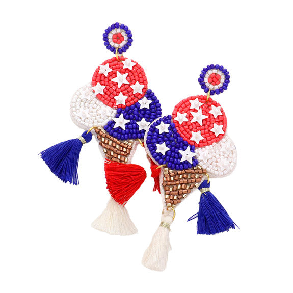 American USA Flag Seed Beaded Ice Cream Tassel Link Earrings