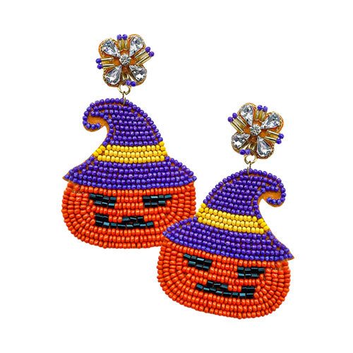 Beaded Witch Hat Orange Pumpkin Dangle Earrings