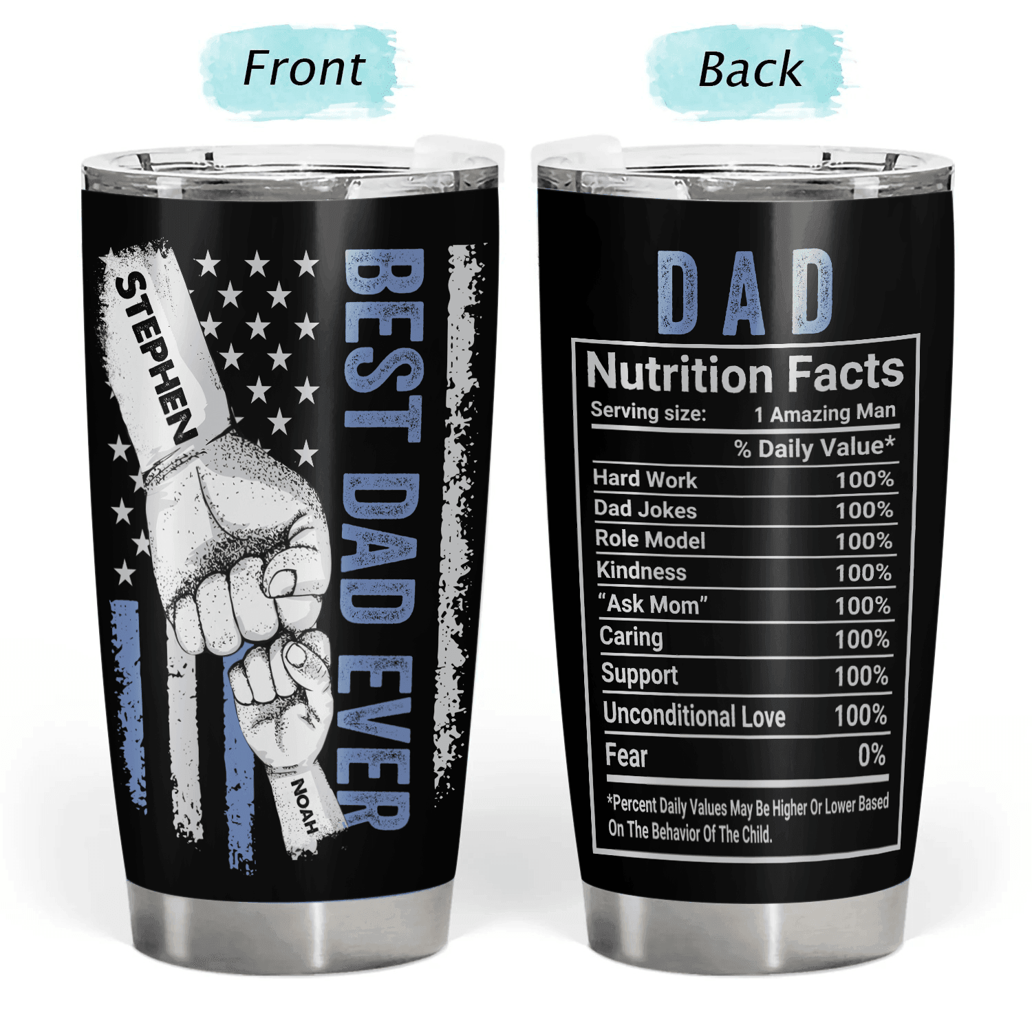 Best Dad Ever Raised Fist Bump - Personalized Stainless Steel Tumbler - Father's Day Custom Gift for Dad, Grandpa, Daddy, Dada, Dad Jokes