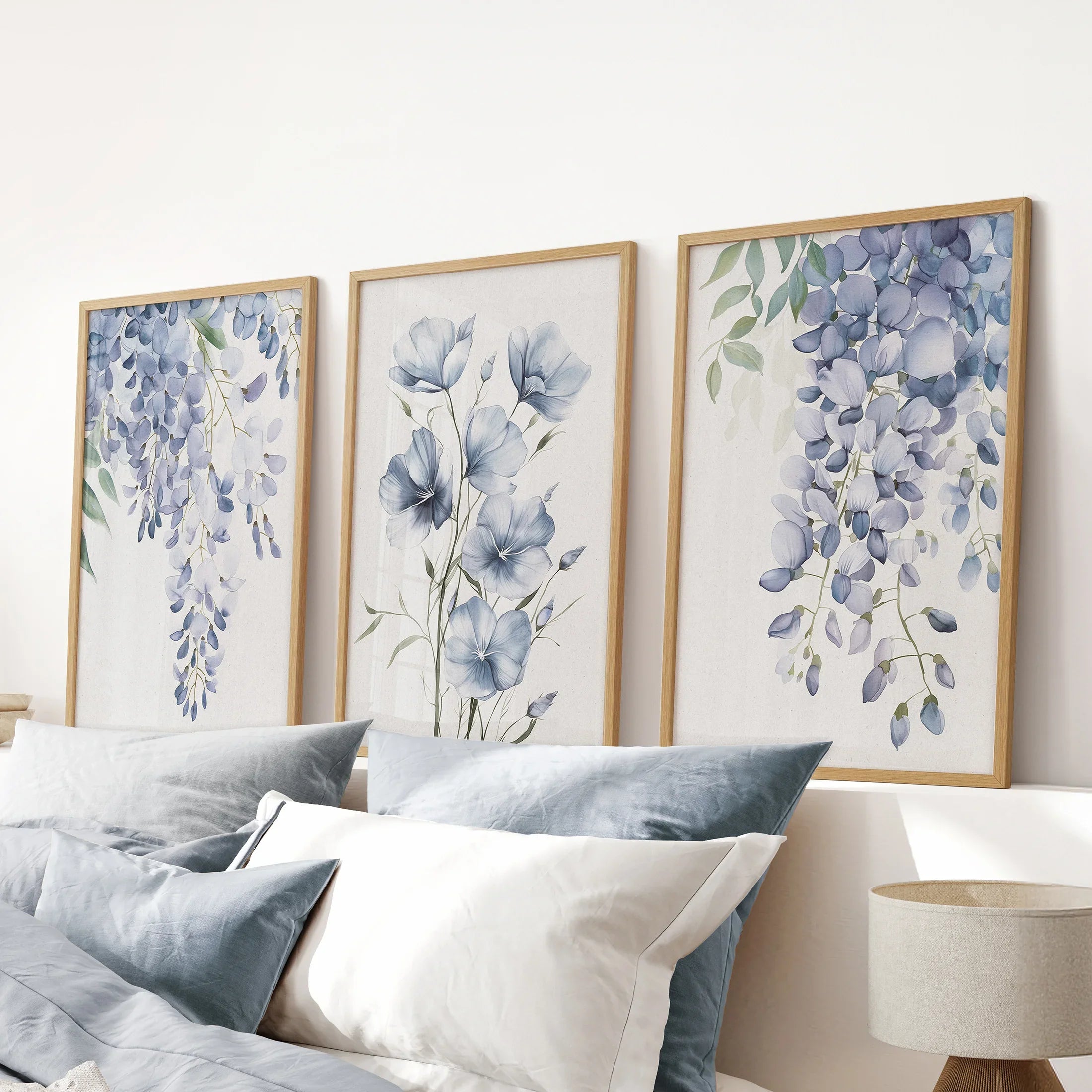 Blue Wall Art Set of 3. Wisteria, Flax Botanical Prints