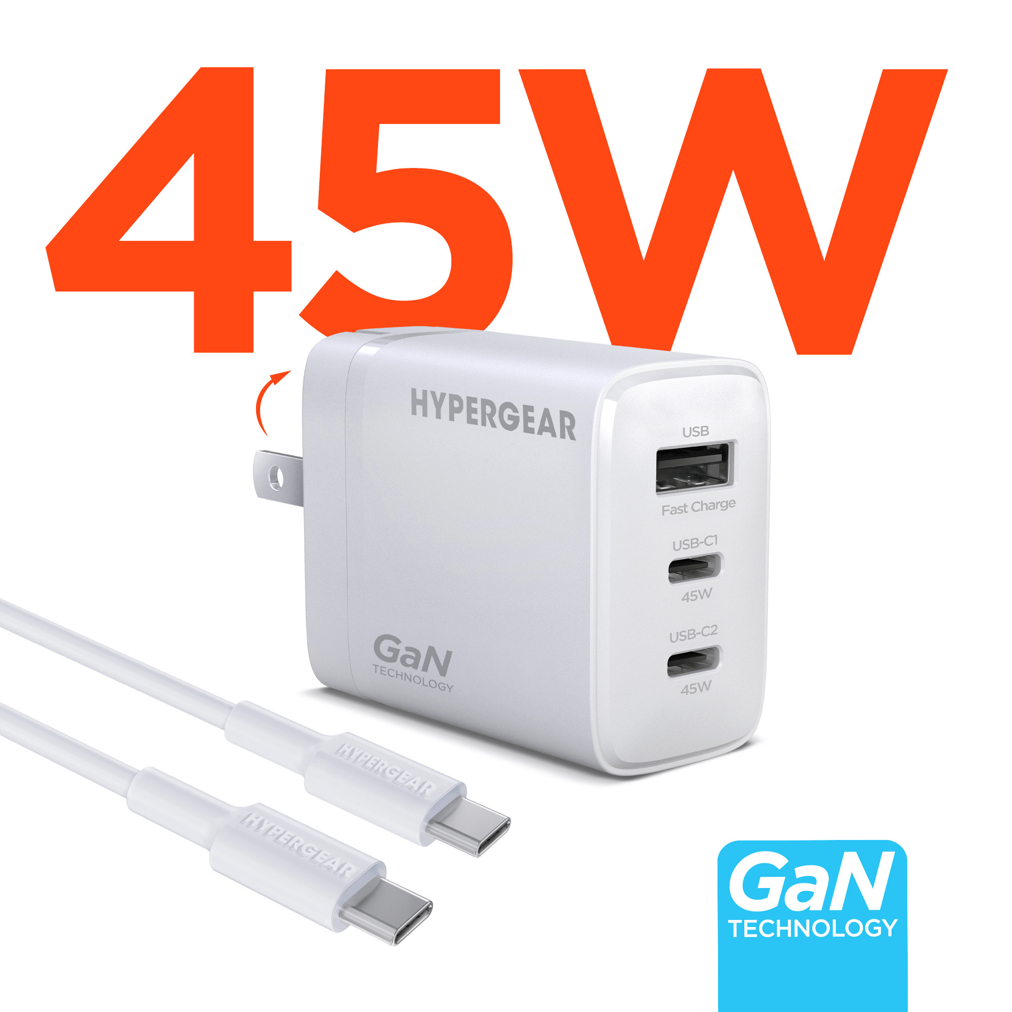 HyperGear SpeedBoost 45W USB-C PD Tri-Port GaN Fast Wall Charger with PPS and 6ft USB-C Cable